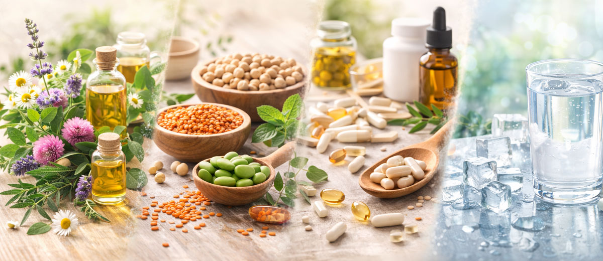 Bannière infographique illustrant les piliers internes : alimentation, hydratation, plantes, compléments