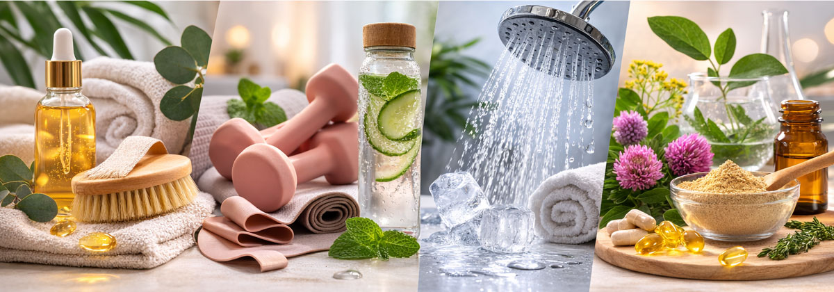 Bannière montrant différentes méthodes naturelles pour la poitrine : massage, exercices, douche fraîche, plantes