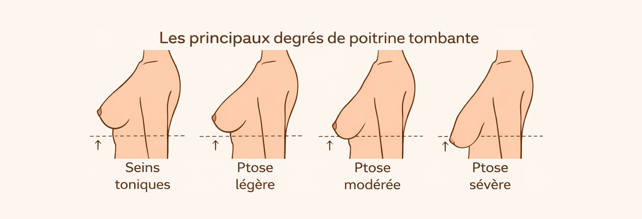 Schéma illustrant différents degrés de poitrine tombante chez la femme
