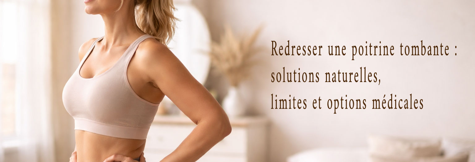 Femme adulte vue de profil, illustrant une poitrine légèrement tombante et une posture droite