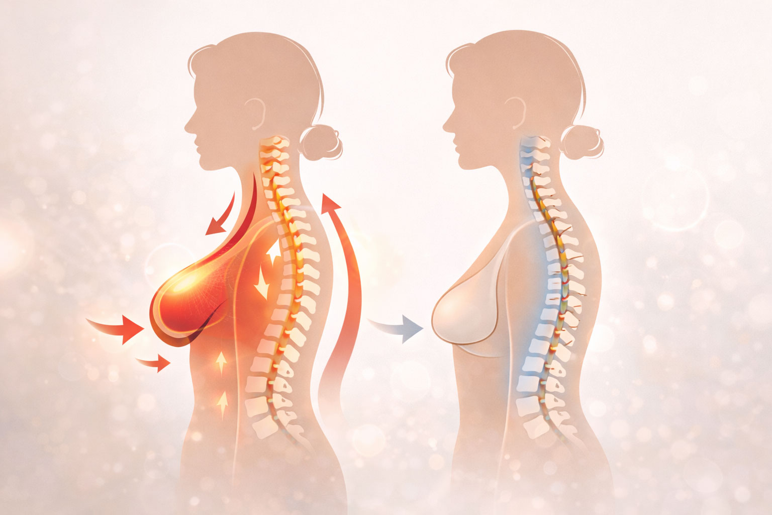 Infographie illustrant la répartition du poids mammaire sur la colonne vertébrale et les épaules