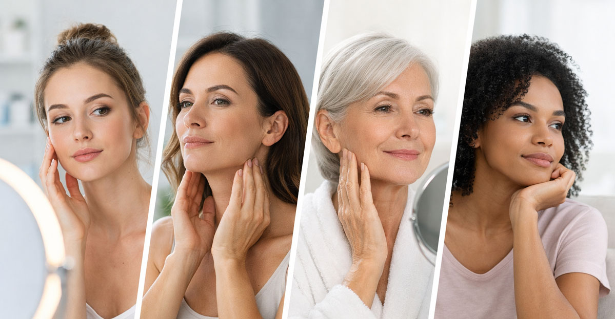 Bannière montrant plusieurs femmes de différents âges réfléchissant face à un miroir ou en tenue de tous les jours