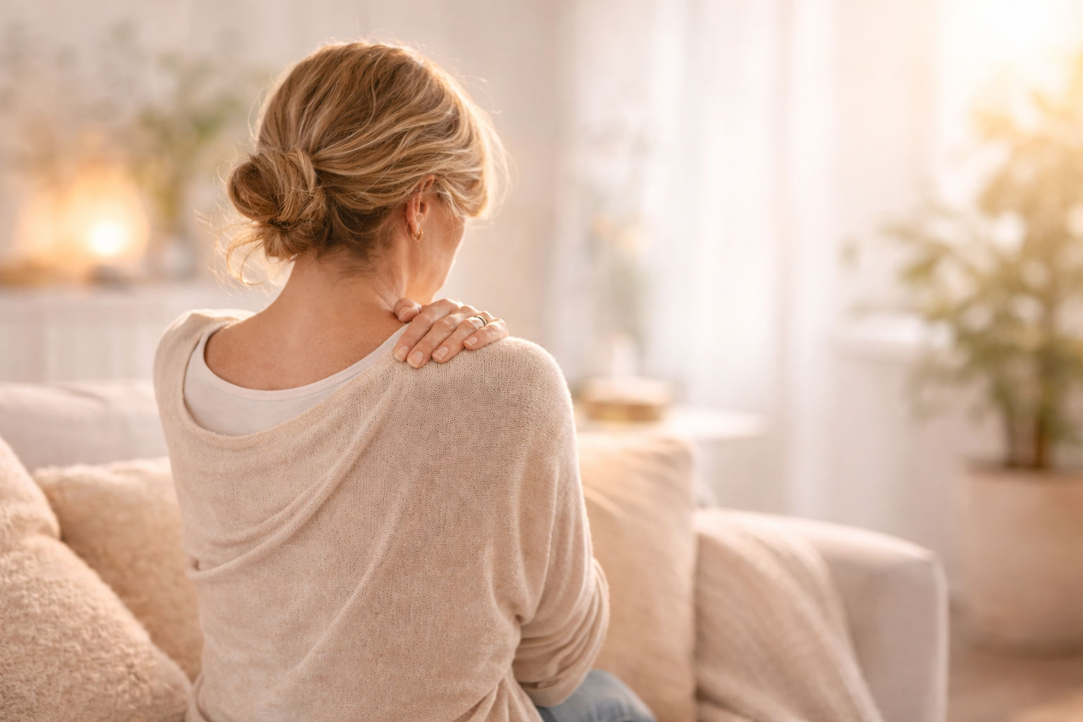 Femme adulte de dos se tenant les épaules, illustrant les tensions liées à une poitrine lourde